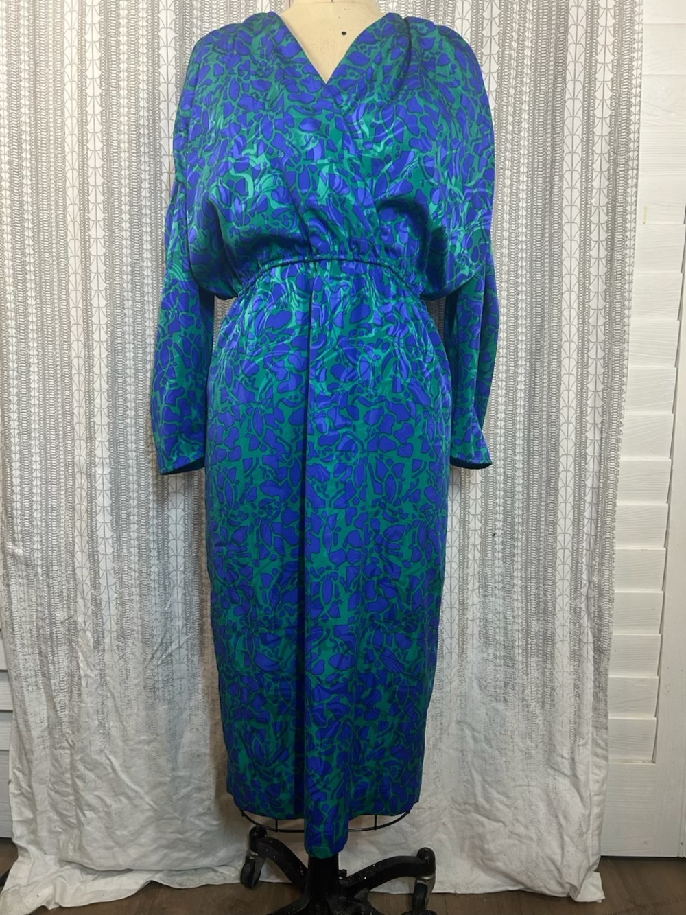 Vintage 80’s Blue-Green Floral Wrap Midi Dress - Unbranded